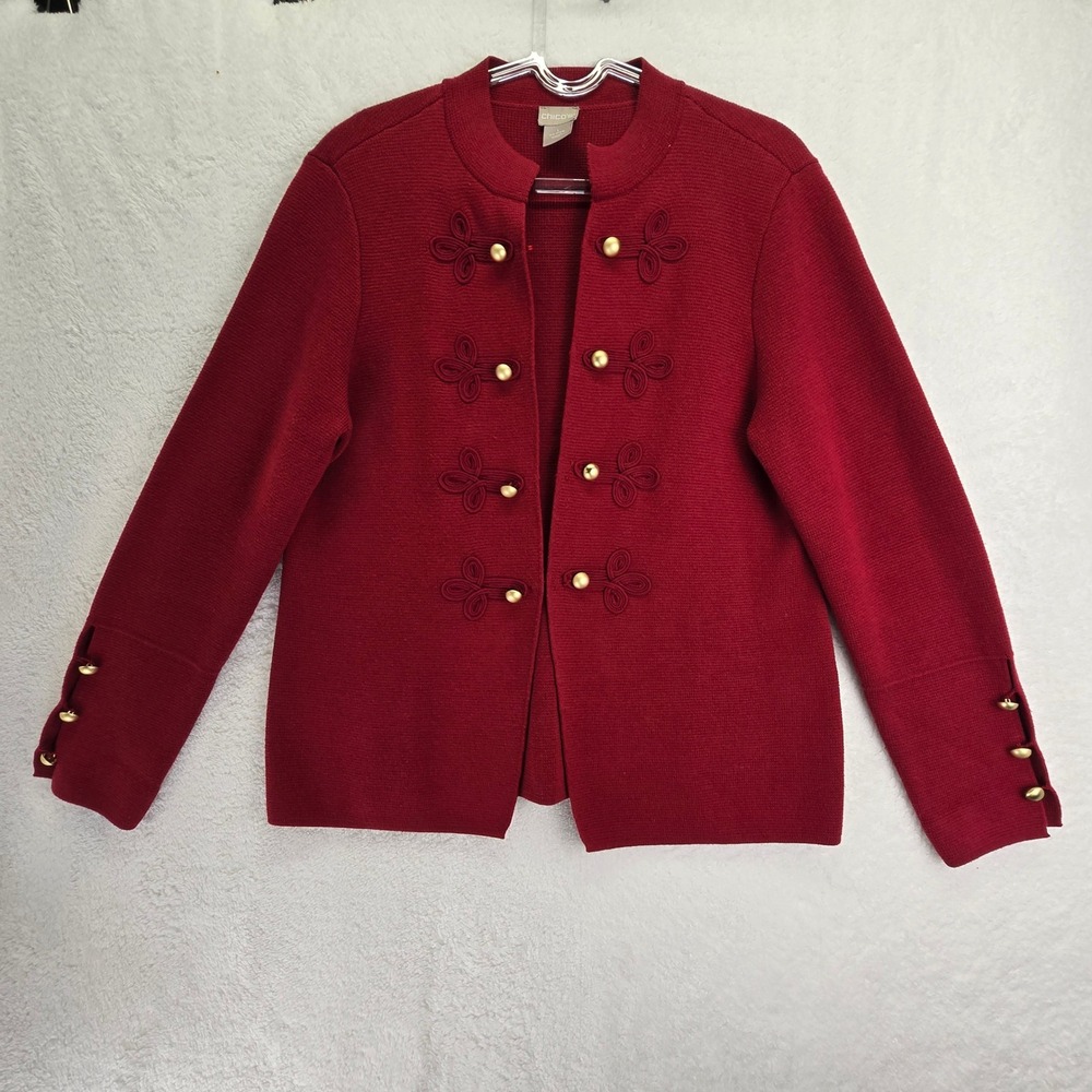 Chicos Red Knit Cardigan Jacket Gold Button‎ Embellished Sz 1